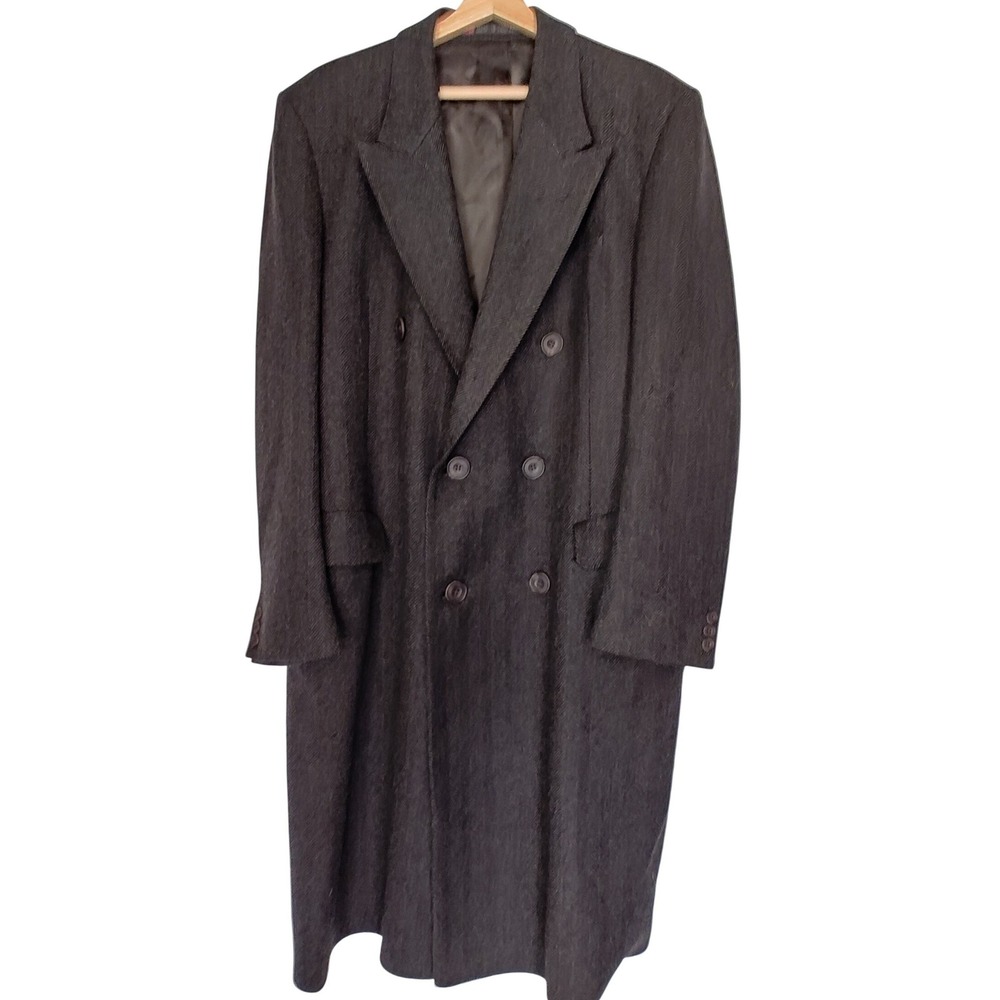 Alexandre of England Overcoat 42R Grey Black Herringbone Wool Double Breasted